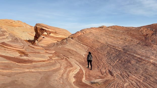 A female hiker walks on the stunning geological rock formation of the Fire Wave. Famous for its stripes and swirls of sandstone rock strata - Valley of Fire State Park, Nevada, USA