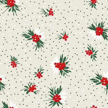 Seamless pattern, tileable Christmas holiday floral country dots print, English countryside flowers for wallpaper, wrapping paper, scrapbook, fabric and product design motif