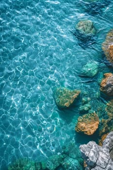 View from above of the crystal clear water along the shoreline with rocky seabed.