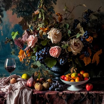 Classic floral still life fine art print, composition with rich arrangement of flowers and fresh fruits and a glass of wine, accented by lush vintage florals, English countryside art style design