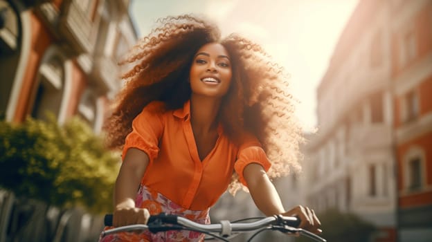 Stylish young african woman riding a bicycle in the city, black female cyclist on bike moving along the street on a summer day
