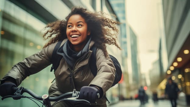 Happy cheerful smiling young african woman riding a bicycle in the city, cyclist on bike moving along the street on a summer day