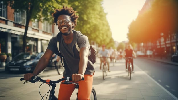 Happy cheerful smiling young african man riding a bicycle in the city, cyclist on bike moving along the street on a sunny summer day