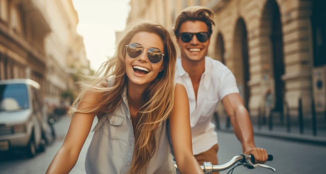 Happy cheerful young couple together riding a bicycle in the city, woman and man cyclists on bikes moving along the street on sunny summer day