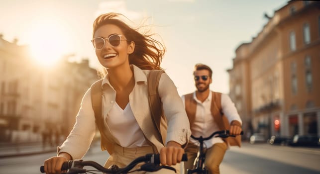 Happy cheerful young couple together riding a bicycle in the city, woman and man cyclists on bikes moving along the street on sunny summer day