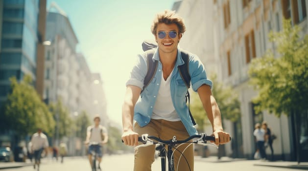 Happy cheerful smiling young man riding a bicycle in the city, cyclist on bike moving along the street on a summer day