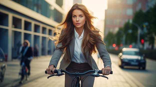 Business woman riding a bicycle in the city, businesswoman cyclist on bike moving along the street on a summer day