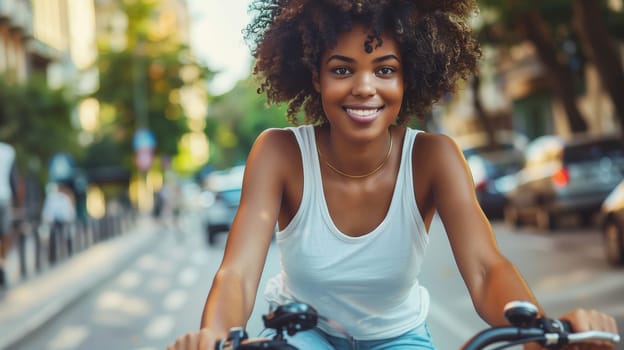 Happy cheerful smiling young african woman riding a bicycle in the city, cyclist on bike moving along the street on a summer day