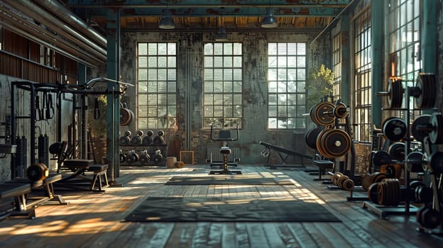 A gym with a lot of equipment and a large window. Scene is energetic and active