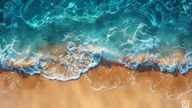 View from above of the crystal clear water along the shoreline with rocky seabed.