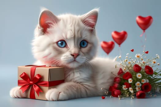 cute kitten with valentines isolated on blue background, greeting card .