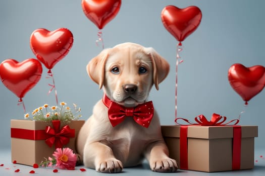 cute puppy with valentines isolated on blue background, greeting card .