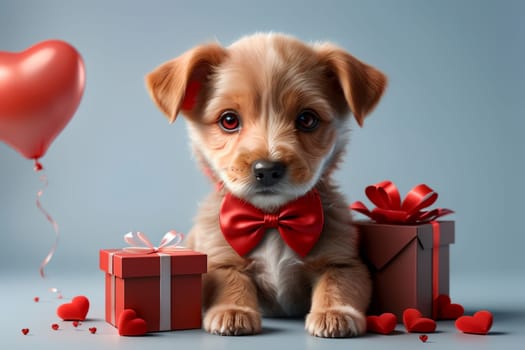 cute puppy with valentines isolated on blue background, greeting card .