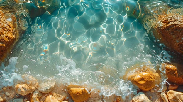 View from above of the crystal clear water along the shoreline with rocky seabed.