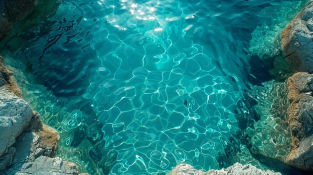 View from above of the crystal clear water along the shoreline with rocky seabed.