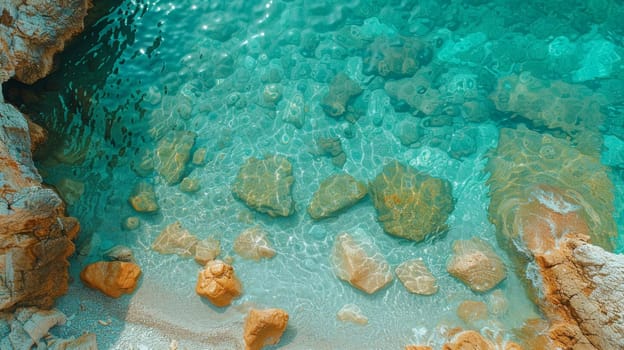 View from above of the crystal clear water along the shoreline with rocky seabed.