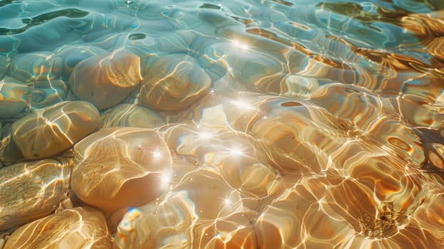 View from above of the crystal clear water along the shoreline with rocky seabed.