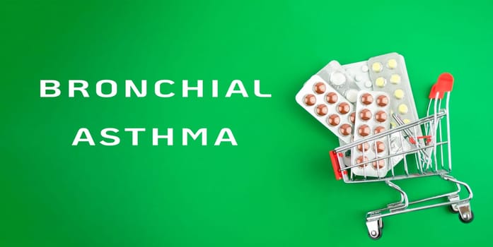 A cart full of medicine for bronchial asthma. The cart is on a green background