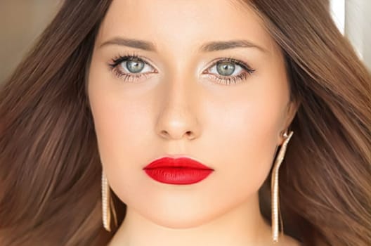 Beauty, makeup and hairstyle, face portrait of beautiful woman, red lipstick make-up and hair styling for skincare cosmetics, hair care, glamour style and fashion look idea