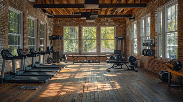 A gym with a lot of equipment and a large window. Scene is energetic and active