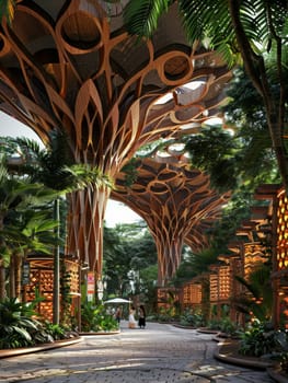 A large building with a wooden roof and a walkway leading up to it. The walkway is lit up and the building is surrounded by trees