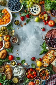 A table full of healthy food options including fruits, vegetables, and bread. The table is set up in a way that makes it easy to see and access all the food items