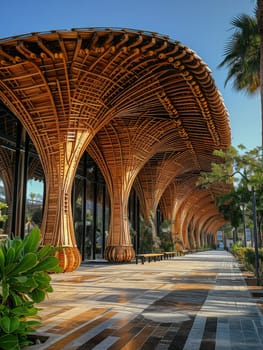 A large building with a wooden roof and a walkway leading up to it. The walkway is lit up and the building is surrounded by trees