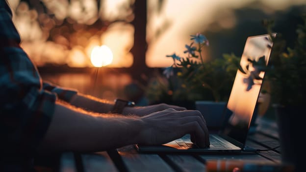 A man is typing on a laptop in front of a sunset. Concept of relaxation and leisure, as the man is likely working or browsing the internet while enjoying the beautiful view of the sun setting