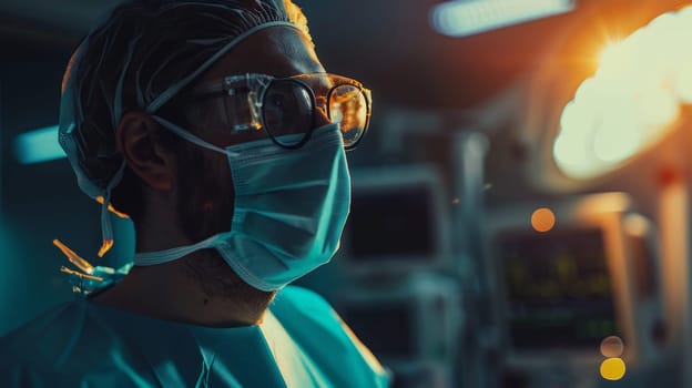 A man in a blue surgical outfit is wearing a mask and looking at a monitor. Concept of focus and concentration, as the man is likely a surgeon or a medical professional attending to a patient