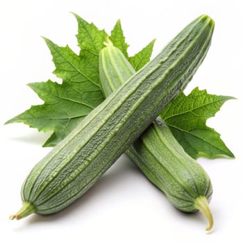 Fresh green sponge gourd or luffa with green leaves isolated on white background. Ai generated image