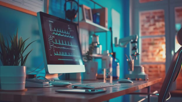 A computer monitor displays a graph of some sort, and a potted plant sits on a desk next to it. The room is dimly lit, giving it a somewhat somber atmosphere