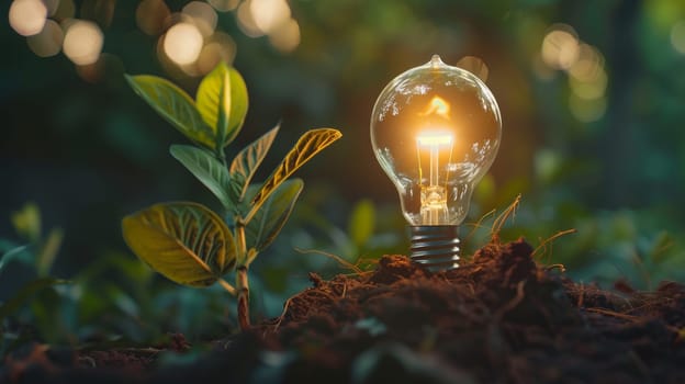 A light bulb is planted in the dirt next to a leafy green plant. The light bulb is glowing, creating a warm and inviting atmosphere. Concept of growth and renewal, as the plant