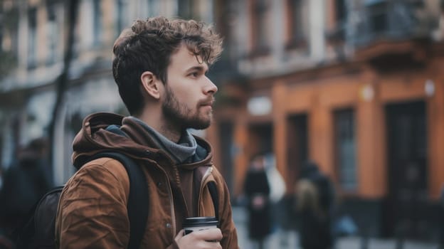 A man with a beard and a brown jacket is holding a cup of coffee. He is looking at the camera with a serious expression. The scene takes place on a city street with several other people walking around