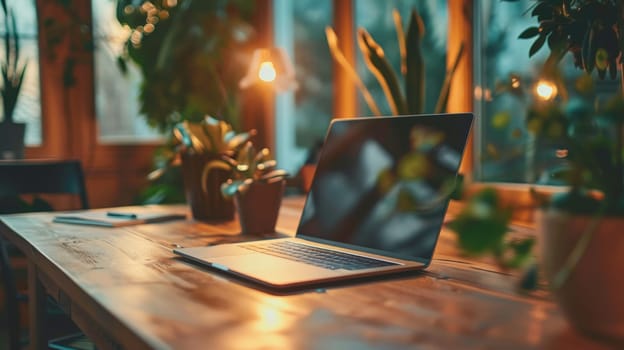 A laptop is sitting on a wooden desk with a potted plant in front of it. The laptop is open and the screen is black. The desk is cluttered with various items such as a keyboard, a mouse