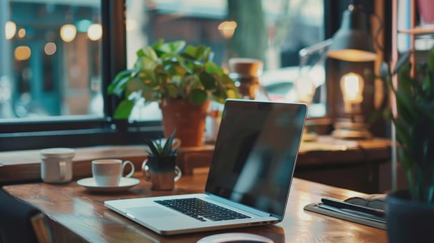 A laptop is open on a wooden desk with a potted plant next to it. The laptop is turned off, and the desk is cluttered with a cup, a keyboard, and a mouse. The scene suggests a relaxed