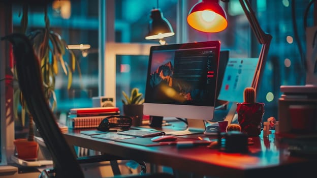 A computer desk with a monitor, keyboard, and mouse. A potted plant sits on the desk