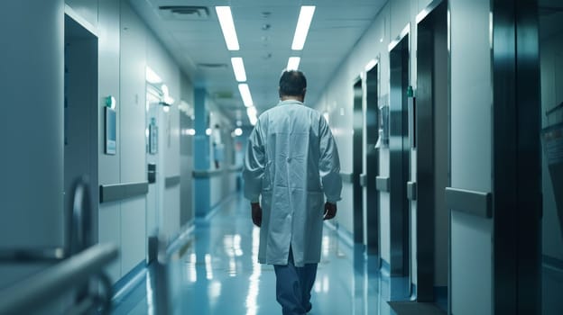 A man in a white lab coat walks down a hallway in a hospital. The hallway is dimly lit, giving it a somber and serious atmosphere. The man is focused on his task