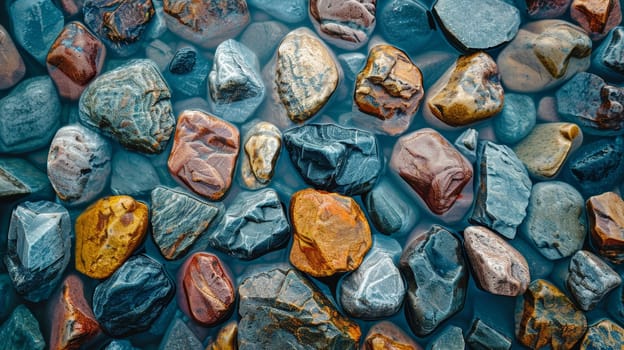 Abstract background of river stones of different structures. Stone background.