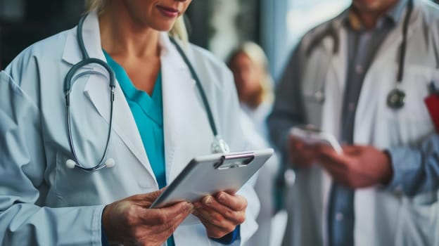 A woman doctor is looking at a tablet while standing in a room with other doctors. The tablet is displaying some information related to her work.