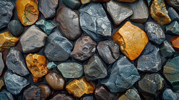 Abstract background of river stones of different structures. Stone background.