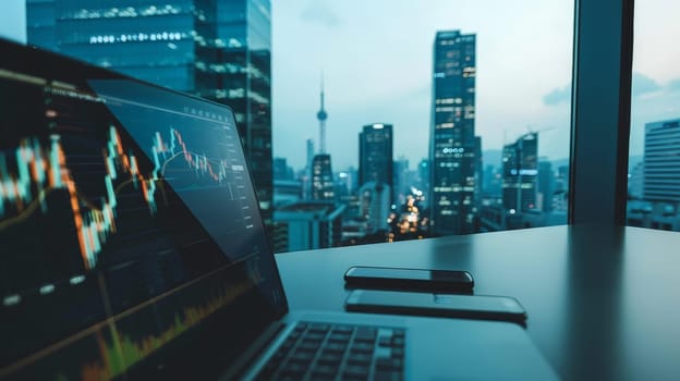 A laptop computer is open to a screen displaying a graph of stock prices. The laptop is on a desk in front of a city skyline