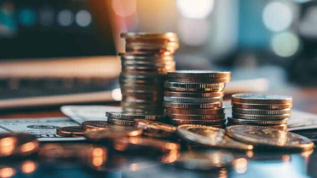 A pile of coins and a laptop on a table. The coins are stacked on top of each other and the laptop is on the table. Concept of wealth and prosperity, as the coins represent money