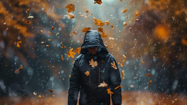 A man is walking in the rain with leaves falling on him. The leaves are falling in a way that they are covering his head and shoulders. The man is wearing a black jacket and a hood