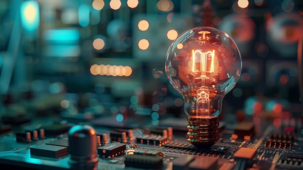 A light bulb is lit up on a circuit board. The light bulb is glowing brightly, illuminating the surrounding area. Concept of innovation and progress, as the light bulb represents a source of energy