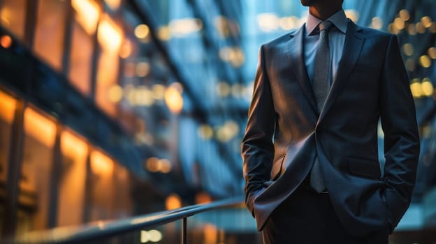 A man in a suit and tie stands on a balcony in a city. Concept of professionalism and sophistication, as the man is dressed in a business suit and tie