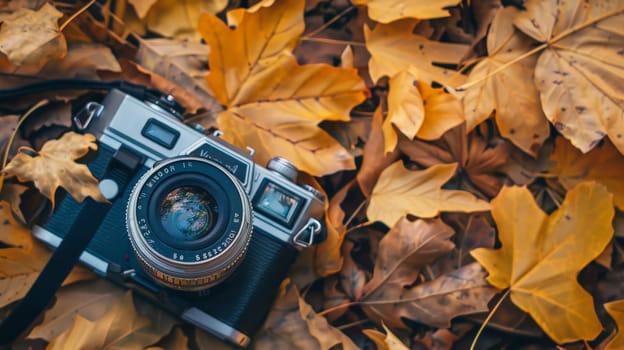 A camera is sitting on a pile of leaves. The camera is black and silver. The leaves are yellow and brown