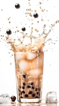 A vibrant glass filled with a refreshing liquid made of tea, milk, and tapioca pearls. The ice cubes tinkle as bubbles splash out, creating a playful and delicious drink perfect for any event