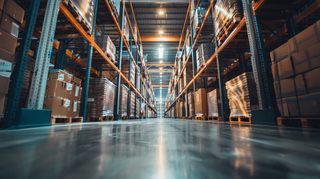 A warehouse with many boxes stacked on shelves. The boxes are of different sizes and colors. The warehouse is very large and has a lot of space