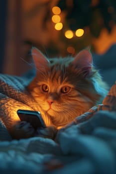A cat is laying on a bed with a phone in its lap. The cat is looking at the phone, and the scene is cozy and warm