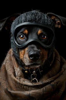 Close up of a canine wearing a protective helmet and goggles. This working animal, belonging to the Sporting Group, showcases its whiskers and carnivorous nature